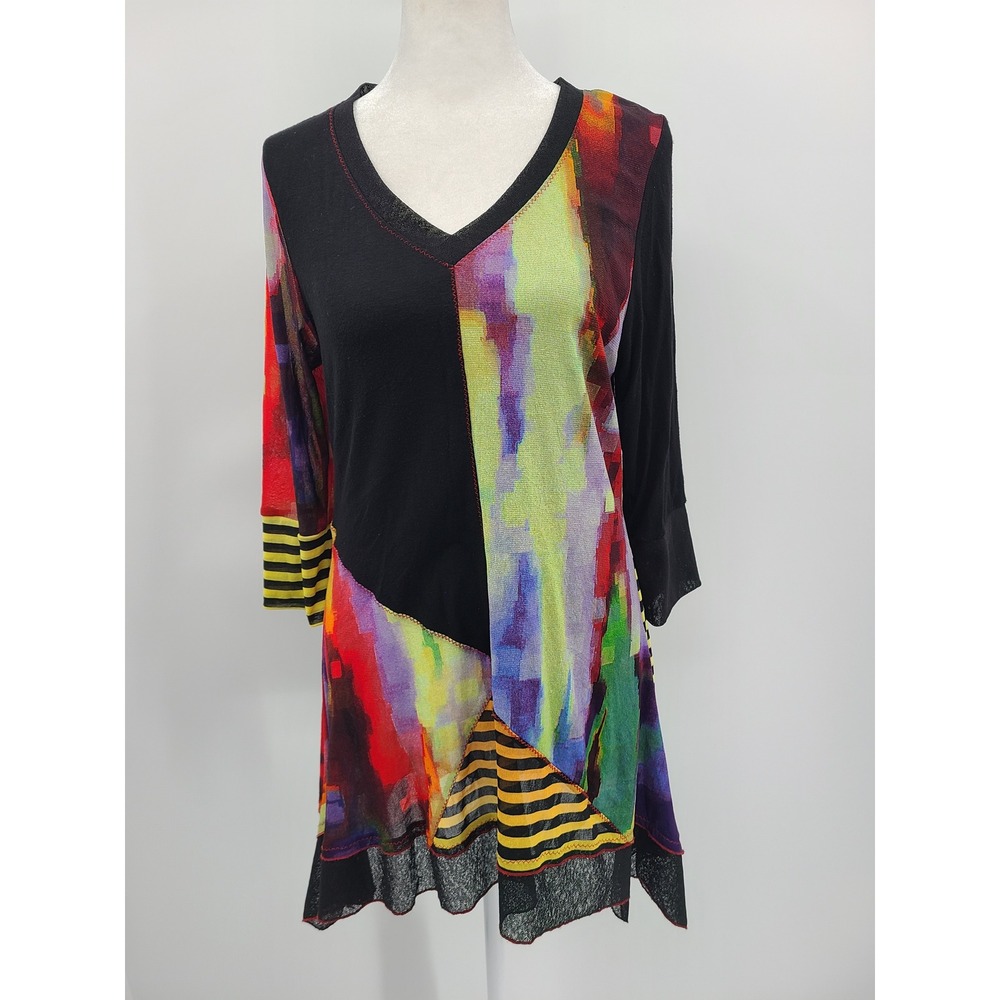 LIOR Paris Womens Abstract Patchwork Tunic Top S Asymmetrical Artsy Sheer Mesh